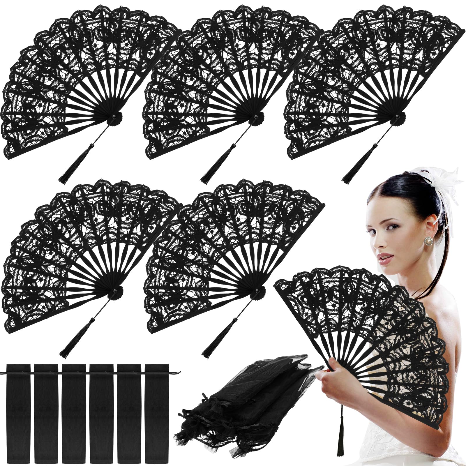 Photo 1 of 6 Pcs Lace Folding Handheld Fan for Wedding Cotton Embroidered Bridal Hand Fan with Bamboo Staves and Silk Tassels Vintage Retro for Guests Women Wedding Bridal Shower Party Favors (Black)