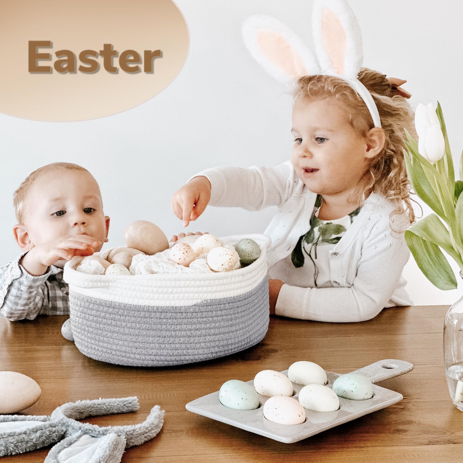 Goodpick Small Woven Storage Basket with Handles, Cotton Rope Baskets for Gifts Empty, Dog Toys, Diapers, Towels, Easter Baskets for Kids, 12