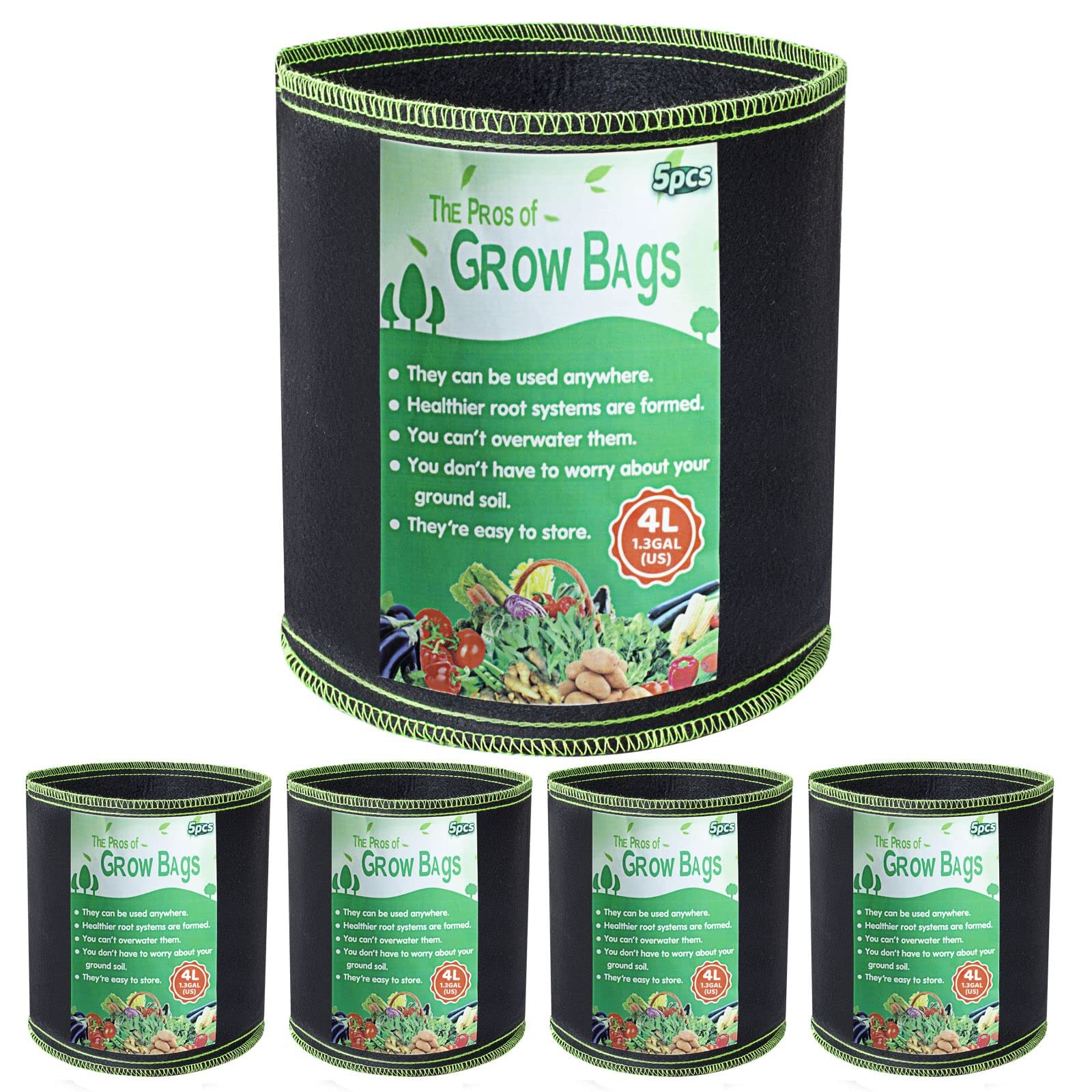 Growerz 5 Pack 4 Litre Grow Bags Heavy Duty Non Woven Fabric Pots Garden Plant Growing Bags For Planting Vegetables Potato Tomato carrot.…