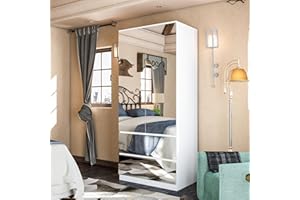 Hitow Mirror Wardrobe Armoire with Drawers, Wardrobe Armoire Closet with Glass Full Length Mirror Doors Drawers & Hanging Rod, Wood Wardrobe Clothes Storage Cabinet for Bedroom, White