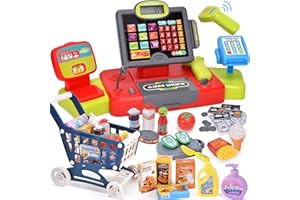 G.C Kids Cash Register Toy Pretend Play with Real Calculator Sound Scanner/Shopping Cart/Food/Play Money, Learning Counter Grocery Store Playset Toys Gift for Kid Boy Girl Age 3 4 5 6 7 8 Years Old