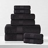 Superior Eco-Friendly Cotton 8-Piece Towel Set, Bathroom, Shower, Quick Dry Home Essentials, Lightweight, Sustainable Towels, 2 Bath, 2 Hand, 4 Face Towels, Washcloth, Highly Absorbent, Black