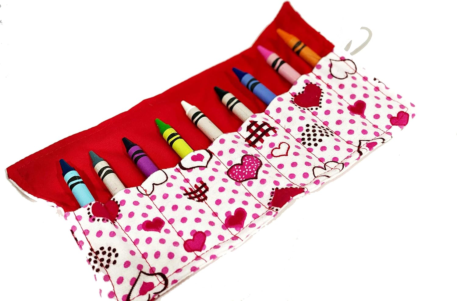 On The Go Crayons Caddy Holder wrap roll up case, Holds 9 to 18 Favorite Colors, Perfect to Keep Your Kids Organized, Inspired, & Entertained -8 Crayons Included! USA Handmade (Red Hearts, Small): Office Products