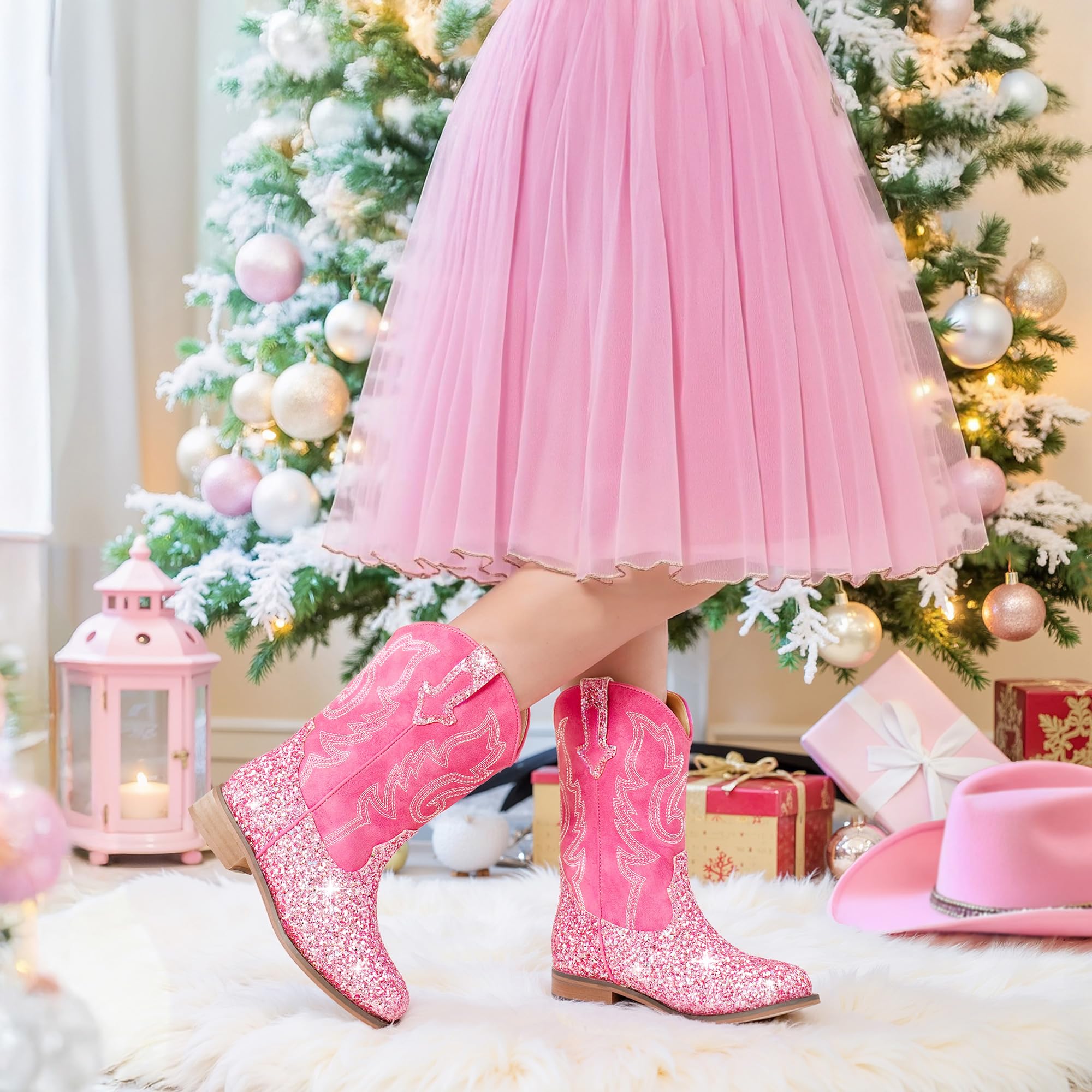 Girls Cowgirl Boots Unisex-Child Mid Calf Glitter Toddler Cowboy Boot Little Big Kids Western Riding Shoes