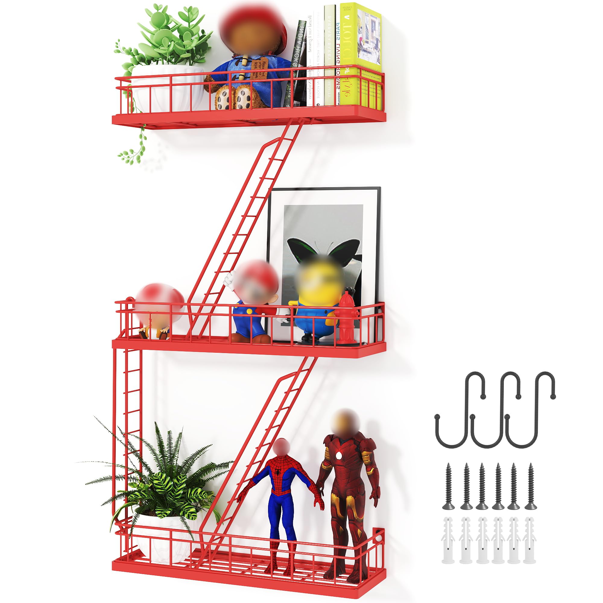 Photo 1 of Beskadi Fire Escape Wall Shelf Red, Fire Escape Ladder 3 Story Shelf Wall Storage, New York Inspired Cool Bookshelf Metal Shelves, New York Action Figurine Display Shelf for Bathroom, Living Room.