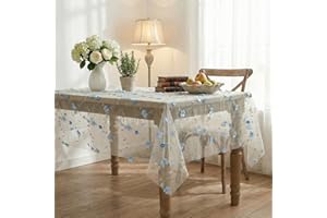 Horaldaily White Gauze Floral Tablecloth 52×70 Inch Rectangular, Blue Flower Spring Summer Tulle Table Cover, Garden Party De