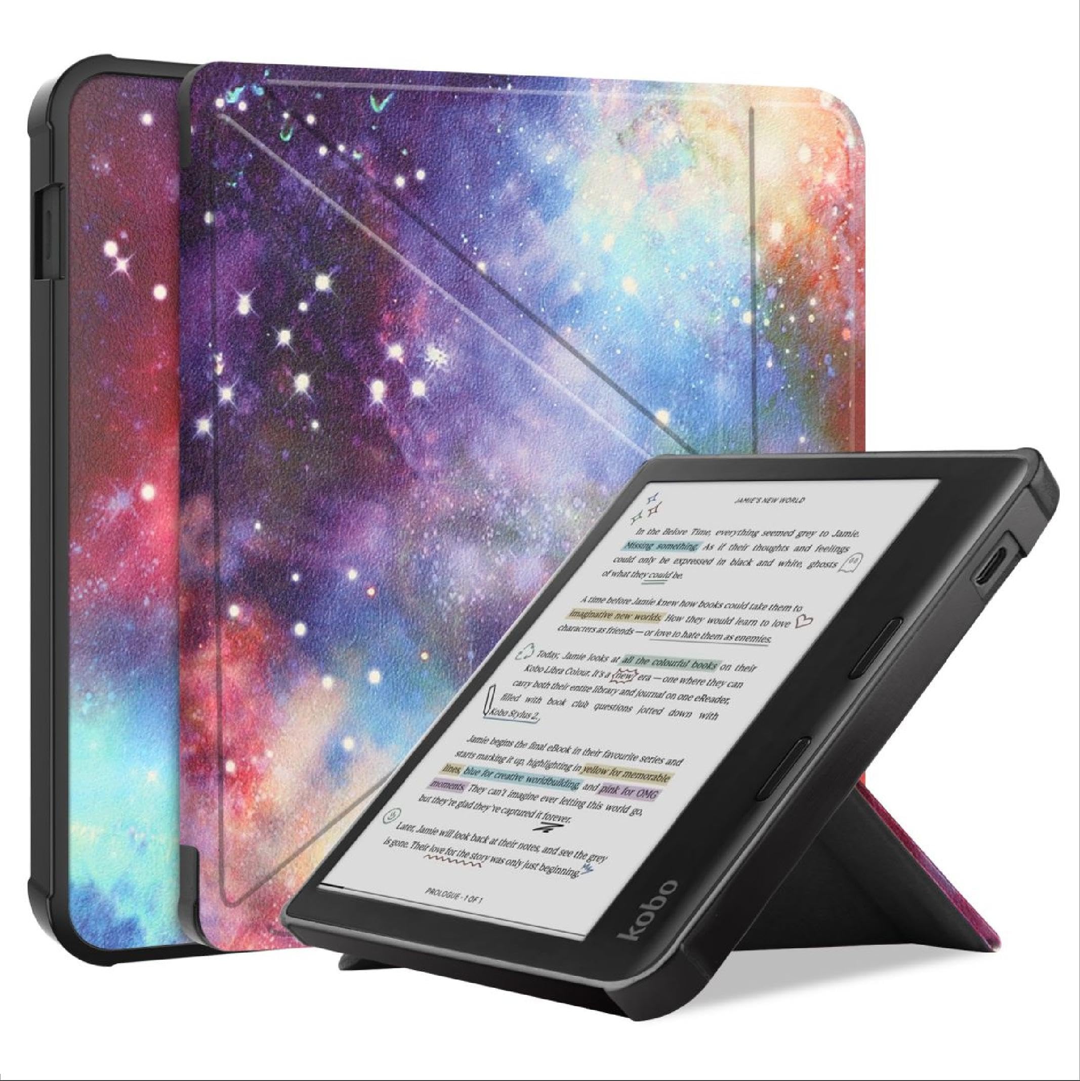 GIOPUEY Flip Case Compatible with Kobo Libra Colour, PU Leather Cover [Soft silicone back cover] With Stand Function, skin-like texture - galaxy