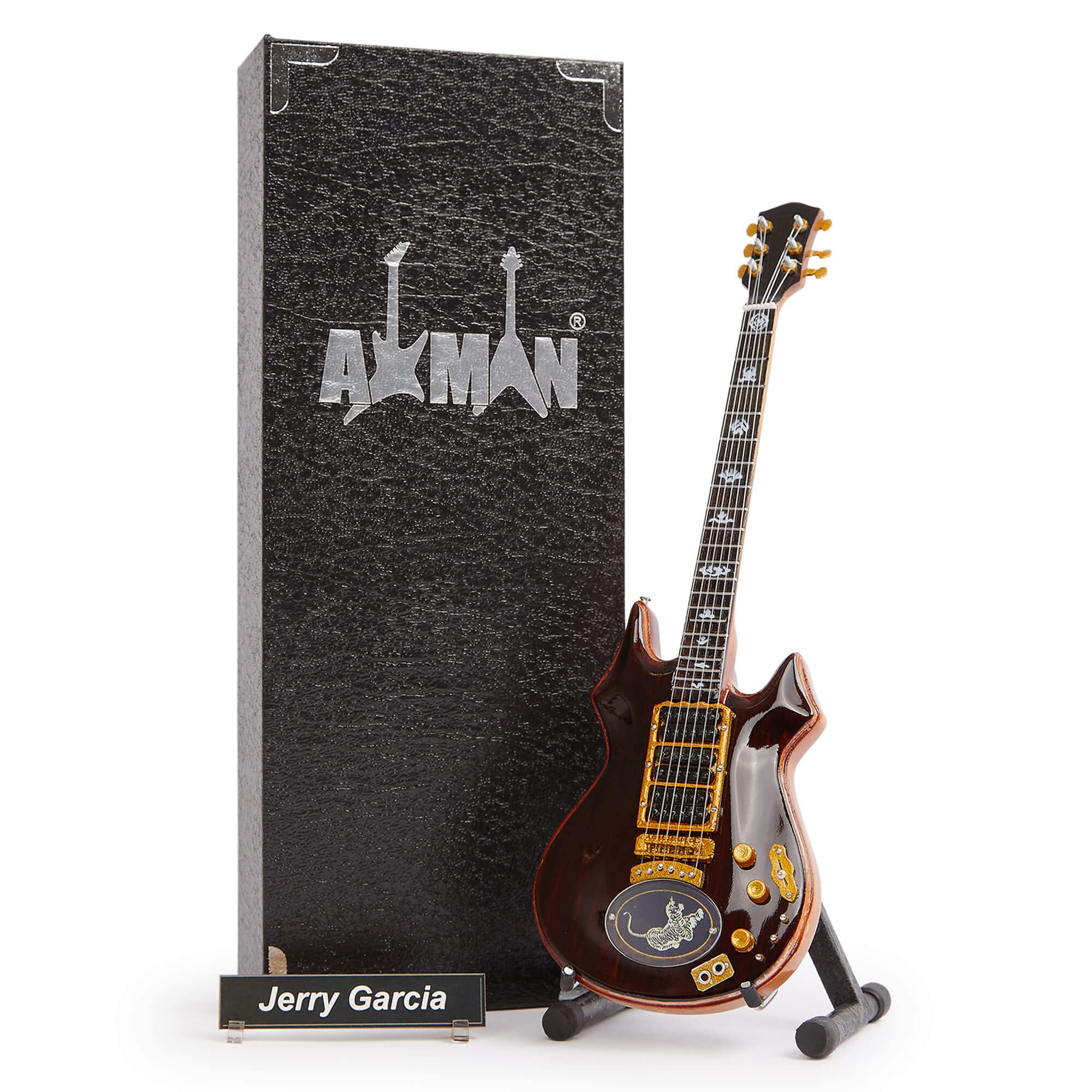 Axman Jerry Garcia (Grateful Dead): Tiger Miniature Guitar Replica - Music Gifts - Handmade Ornamental 1/4 Scale - Includes a Display Box, Name Tag and a Miniature Guitar Stand