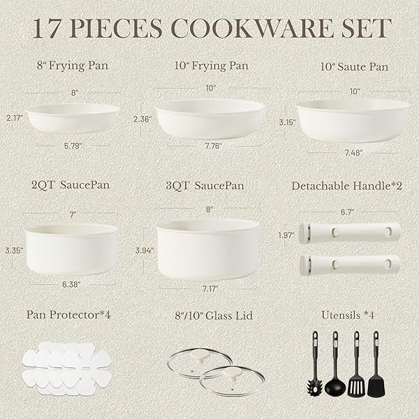 CAROTE 17PCS POTS AND PANS SET, NONSTICK COOKWARE SET DETACHABLE HANDLE, INDUCTION KITCHEN COOKWARE SETS NON STICK WITH REMOVABLE HANDLE, RV COOKWARE SET, OVEN SAFE