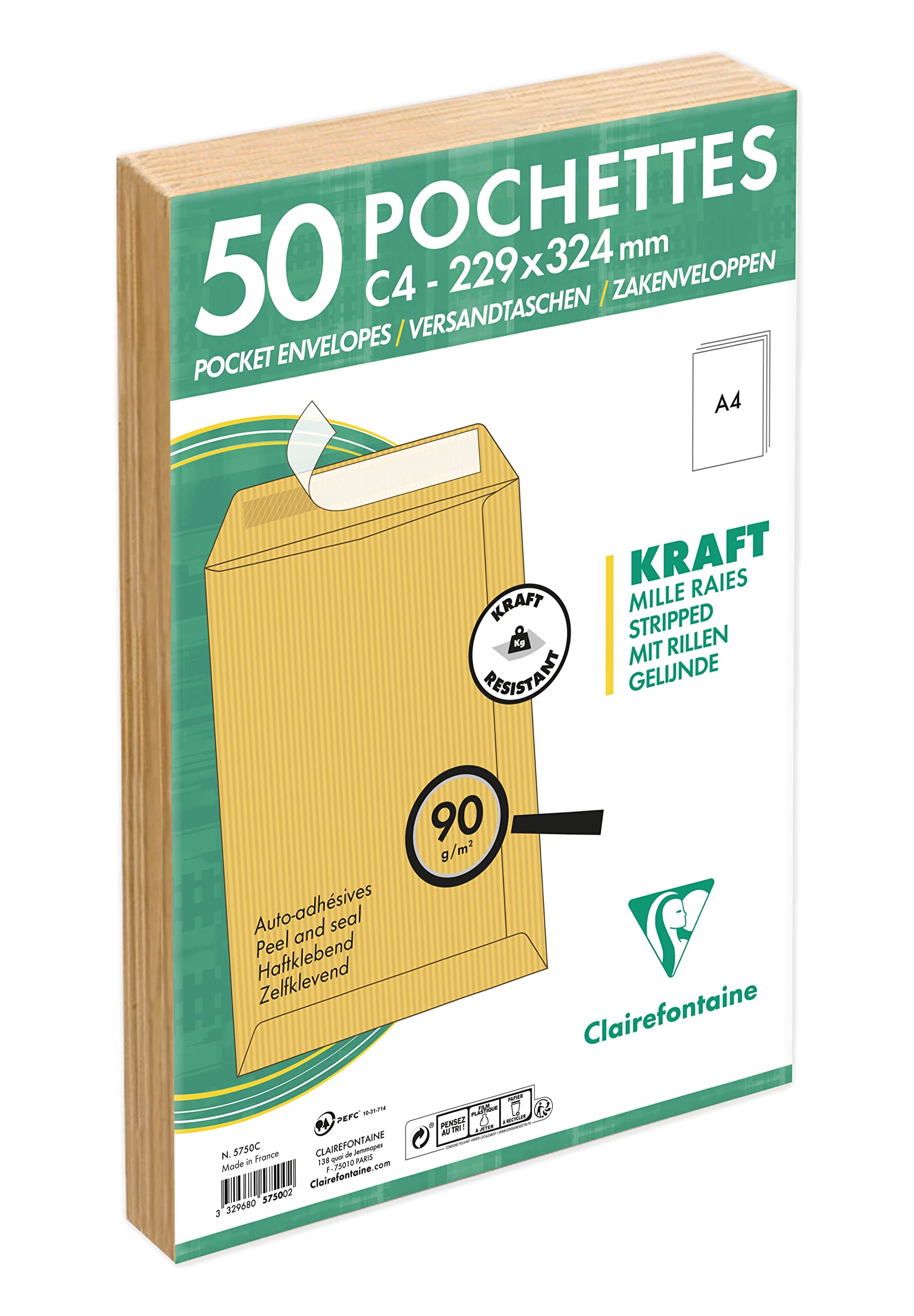 Clairefontaine 5750C - Pack of 50 Kraft Milleraies Brown Envelopes C4-229x324 mm - Self-adhesive - 90g/m² - Self-adhesive envelopes - Manufactured in France