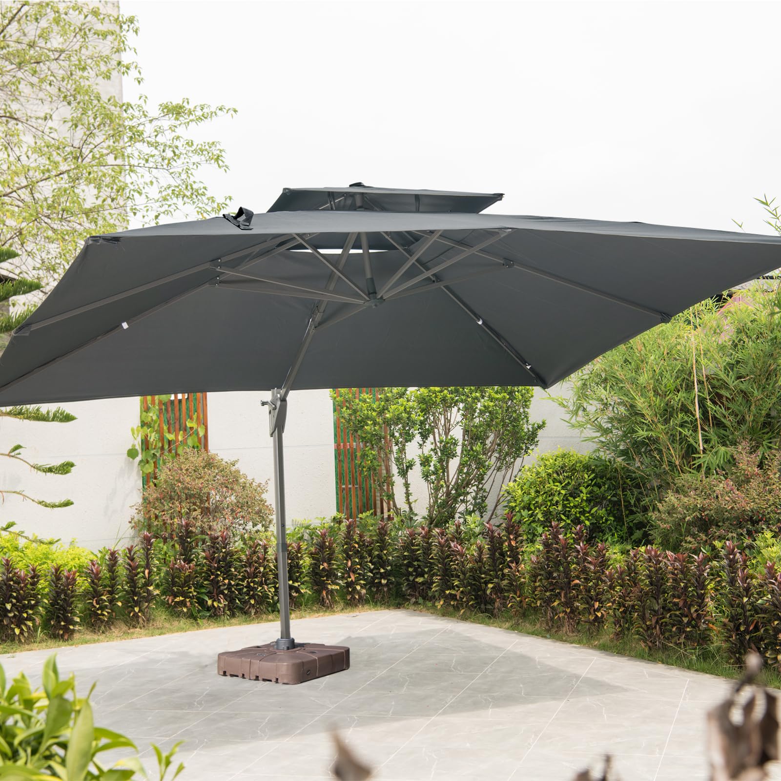 LKINBO Sonnenschirm 300 x 400 cm Rechteckig mit Ständer und Kurbel, Groß Ampelschirm Terrassenschirm 360°Drehbar Parasol Windfest Gartenschirm Wasserdicht Marktschirm für Garten Deck Outdoor, Grau 8