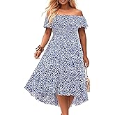 Pinup Fashion Plus Size Summer Dresses - Off Shoulder Ruffle Boho Casual High Low Smocked Dress with Pockets