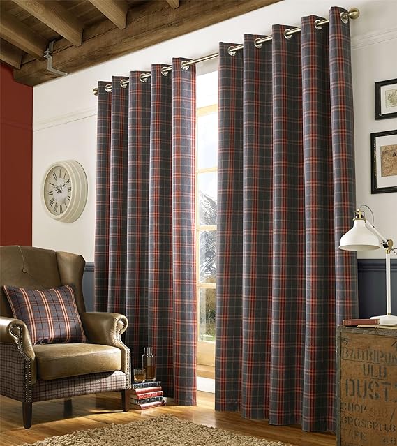 HOMESCAPES Denim and Red Tartan Check Plaid Eyelet Curtain Pair Width
