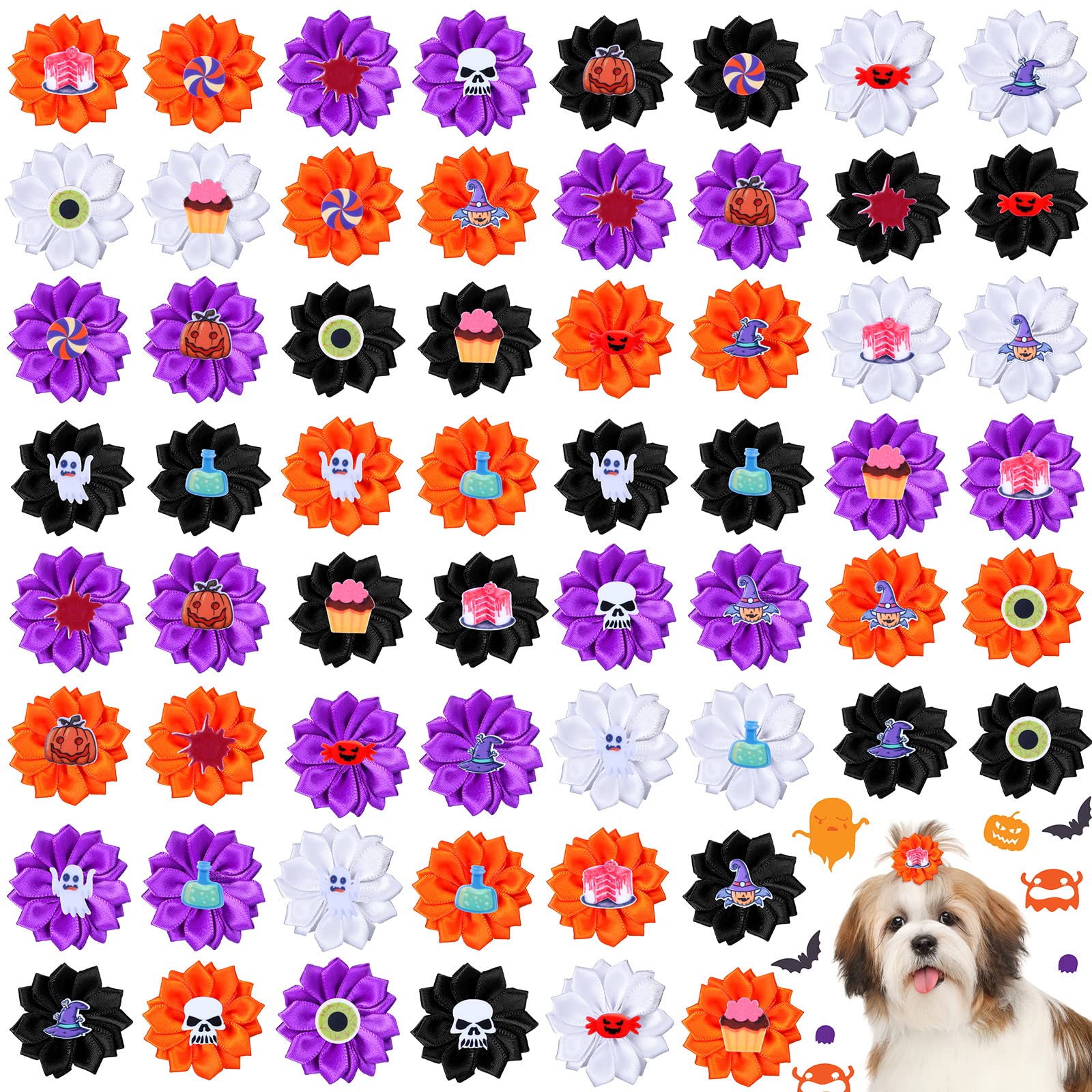 Photo 1 of 60 Pack Halloween Dog Hair Bows Halloween Flower Bows with Rubber Bands Puppy Bows Hair Accessories Dog Bows Grooming for Small to Large Dogs Cats Pets (Ghost)
