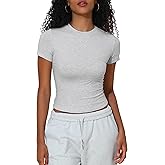 Hilor Women's Casual Basic Cotton T-Shirts Short Sleeve Y2K Going Out Crop Tops Baby Tees Tight Fitted Crew Neck T Shirts