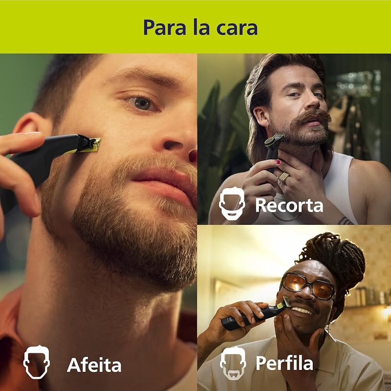 OneBlade Pro 360 Barbero, afeitadora y recortadora eléctrica facial y corporal, 2 cuchillas 360º, peine de 14 longitudes, kit corporal, soporte de carga, funda de viaje, Negro, QP6652/30