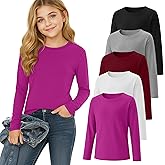 LessonZoo 5 Pack Girls' Long Sleeve Shirts Kids Soft Crewneck Casual Loose Fit Layering Tops Basic Athletic Pullover Tee