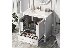 Linique 30" Modern Bathroom Vanity with Sink Combo Set, Solid Wood Frame Bathroom Storage Cabinet with 2 Soft Closing Doors and a Drawer, Multifunctional Storage, White