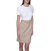 Karl Lagerfeld Women's Short Sleeve Tonal Tweed Skirt Chain Trim Belt Scuba Crepe A-line Dress
