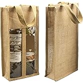 DIWNELEM 1 Pack Burlap Wine Gift Bags with Two Window Double Window Two Bottles Burlap Jute Wine Bottle Bag for Wedding, Party Favors, Christmas, Holiday and Wine Tasting Party
