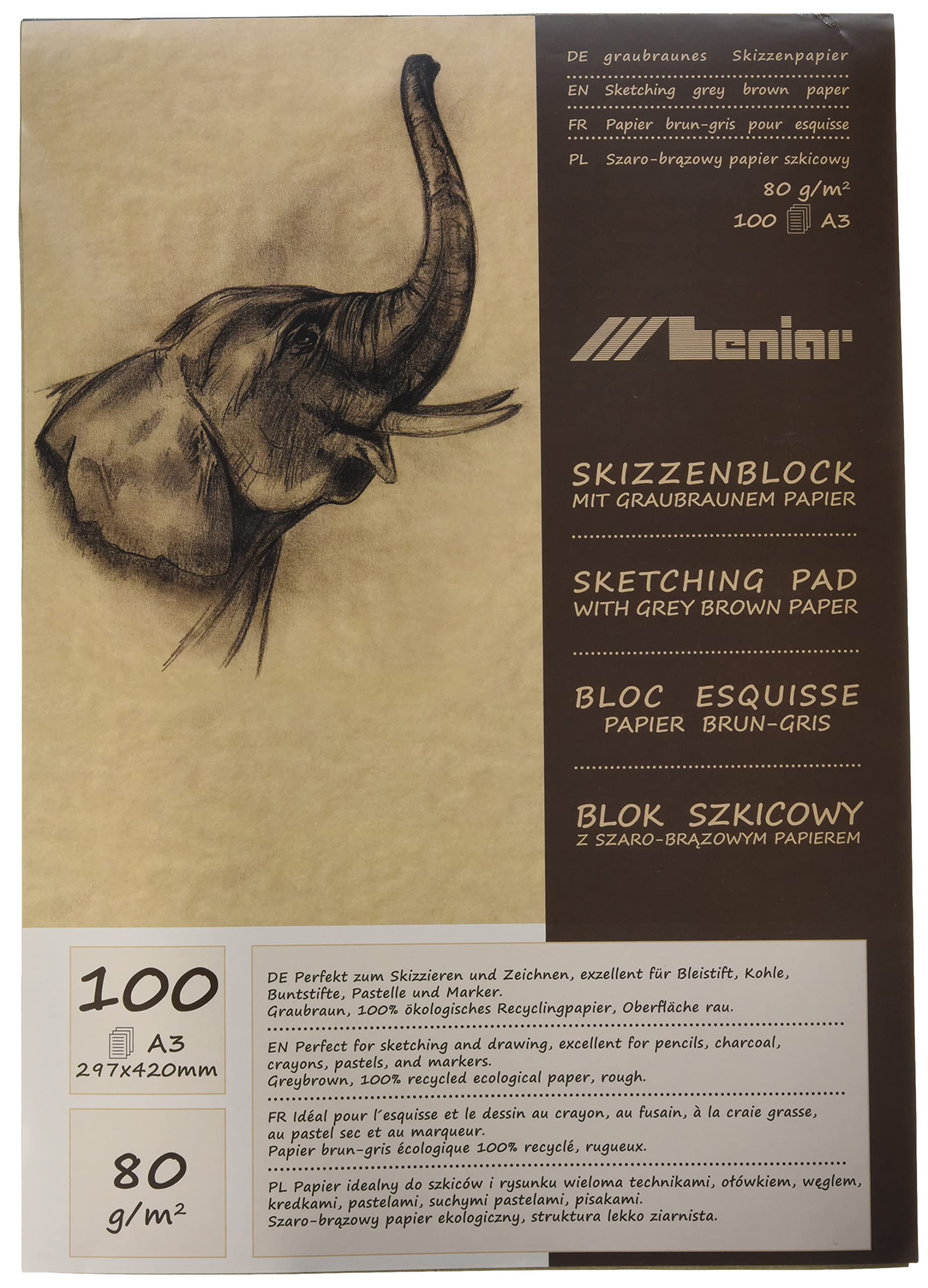 Honsell 31222 80gsm A3 Grey-Brown Sketch Pad - 100% Eco Recycled Paper with Rough Surface for Drawing and Sketching