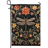 vintage dragonfly garden flag bohemian bug animal medieval flower botanical art print black linen for welcome porch yard flag decor for holiday lawn party double sided fins up flag 12x18inch