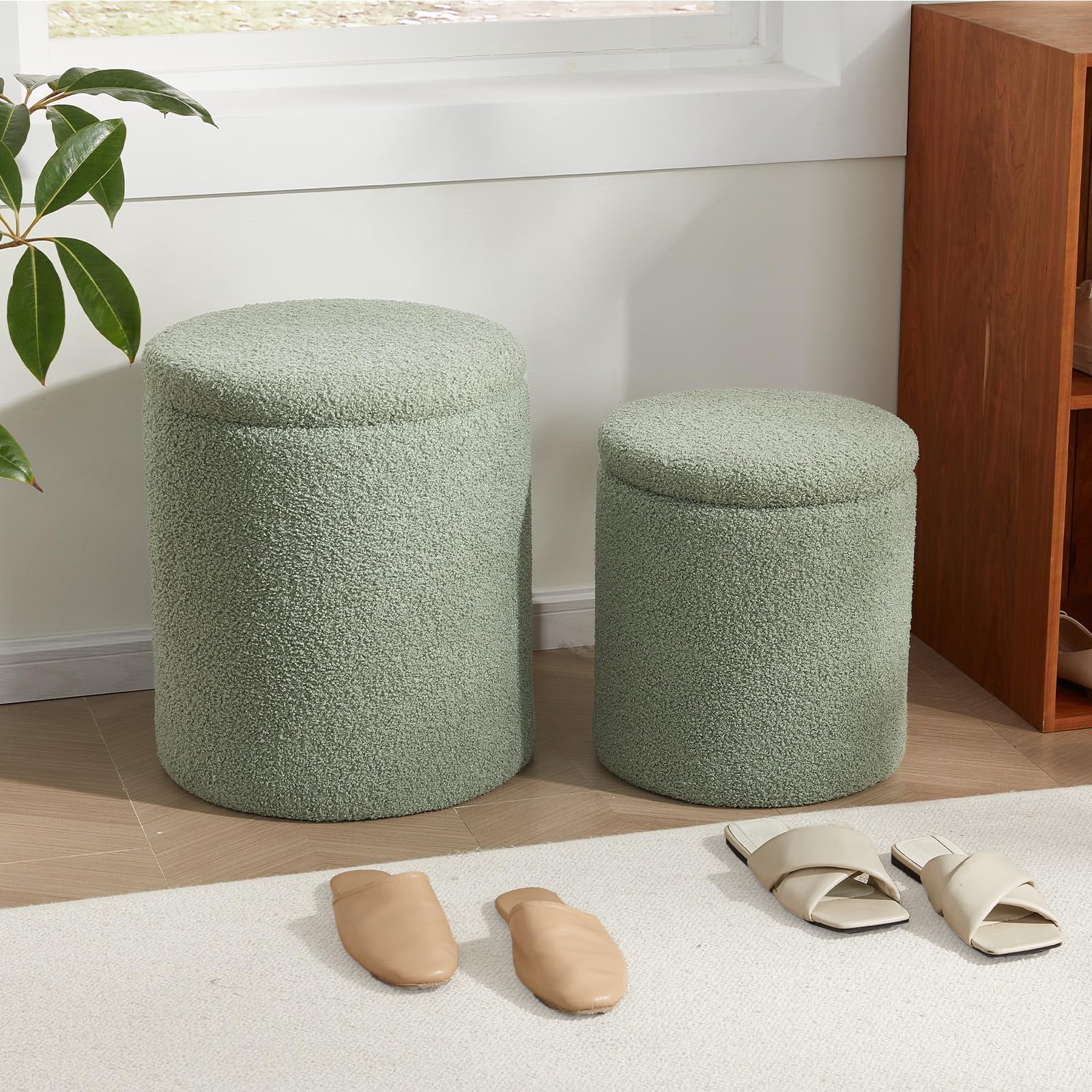 Royal Windsor Boucle Round Ottoman with Storage Set of 2,Small Foot Stool Ottoman for Living Room, Ottoman Coffee Table,Vanity Stool with Storage for Bedroom, Green - Image 9