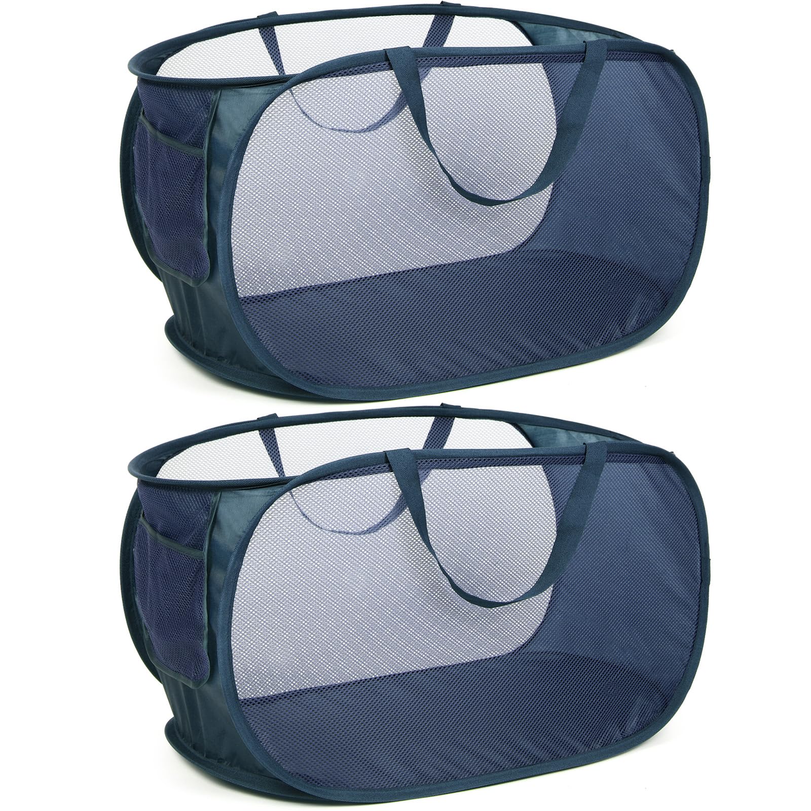 Photo 1 of Durable Collapsible Laundry Baskets, Mesh Pop Up Laundry Hamper with Side Pocket, Foldable Clothes Hamper with Reinforced Carry Handles for Laundry, Bathroom, Kids Room, Dorm, Travel 2 Pack Navy Blue