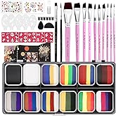 Professional Face Painting Kit for Kids Adults-12*10g Non Toxic Water Activated Face Paint Kit With Brushes,Stencils,Gem Stickers;Halloween,Carnival;Water Based Facepaint Makeup Kit for Kids Party