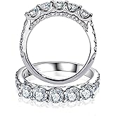 CannyCat 5 Stone Half Eternity Ring - 4.0 mm Moissanite Wedding Band for Women - VVS D Color Moissanite - Platinum-Plated Silver Stacking Ring