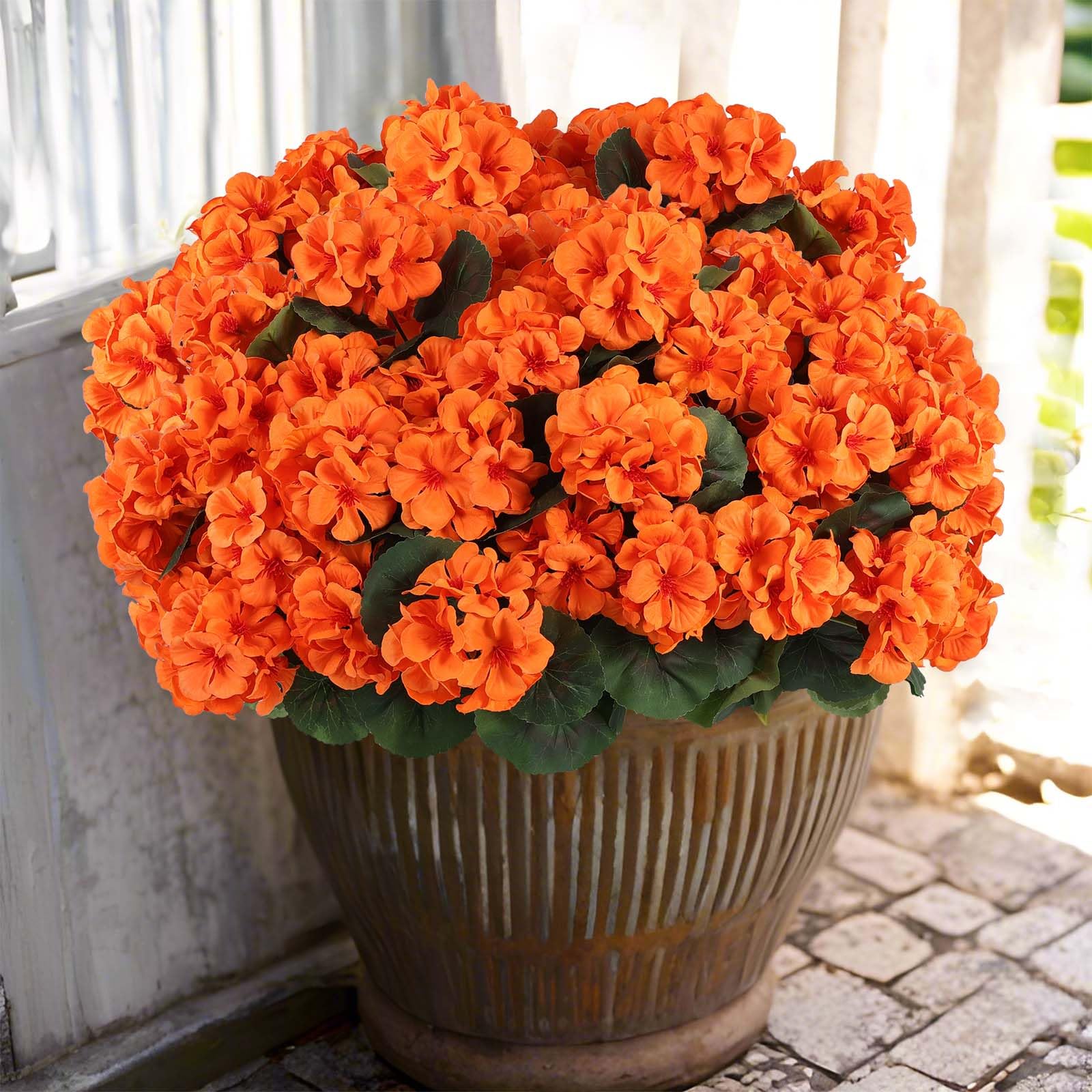 Photo 1 of Hananona 12 Pcs Artificial Geranium Flowers for Outdoors Geranium Silk Orange Flower Outdoor UV Resistant Patio Plants Faux Autumn Flowers for Fall Home Kitchen Table Centerpieces (12, Orange)