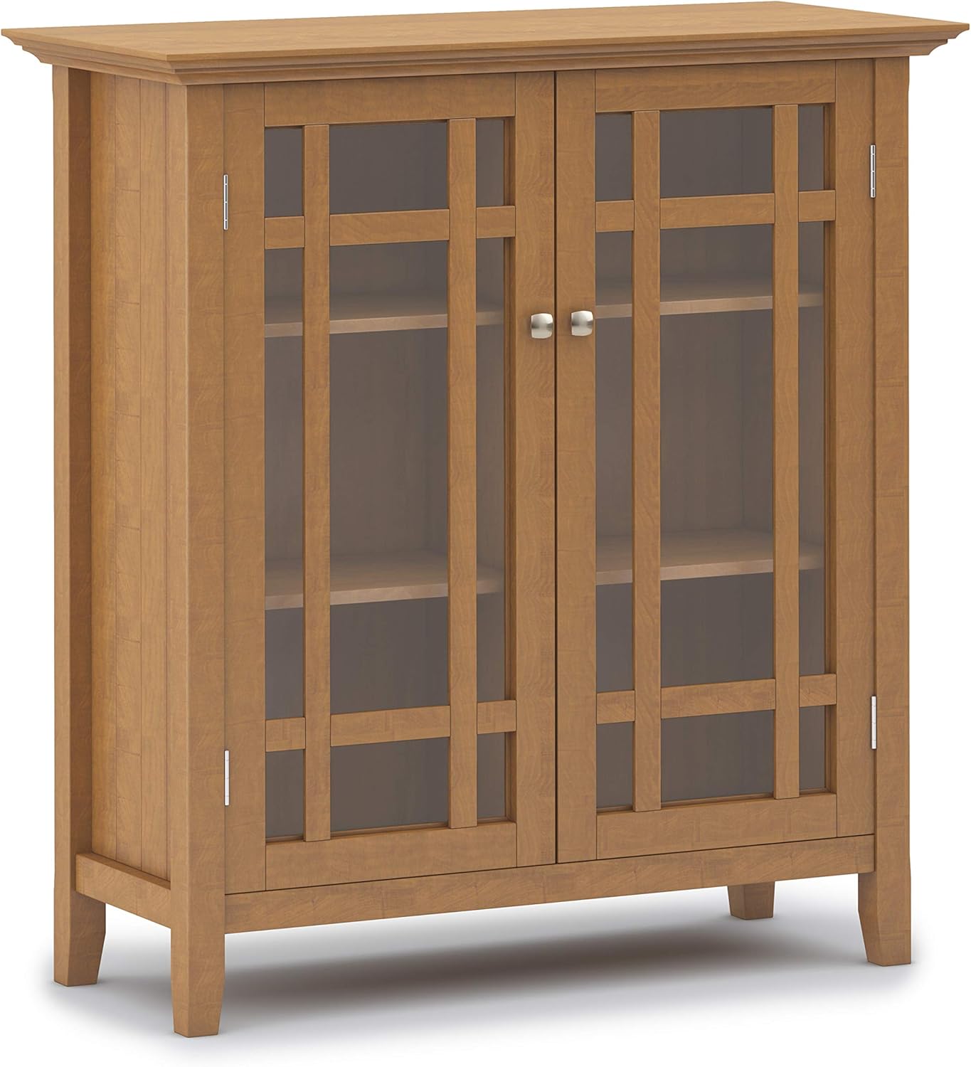 SIMPLIHOME Bedford SOLID WOOD 39 inch Wide Rustic Medium Storage Cabinet in Light Golden Brown, with 2 Tempered Glass Doors, 4 Adjustable Shelves