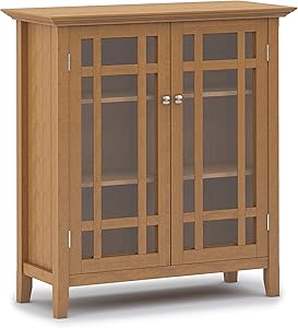 SIMPLIHOME Bedford SOLID WOOD 39 inch Wide Rustic Medium Storage Cabinet in Light Golden Brown, with 2 Tempered Glass Doors, 4 Adjustable Shelves