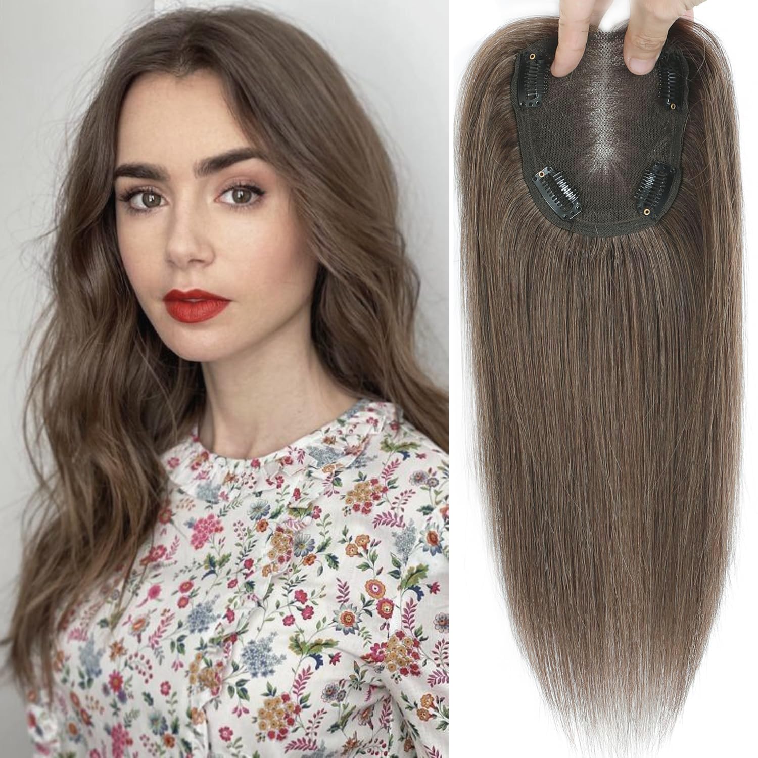 RealHair Toppers for Thinning Hair Women - Human Hair, Hand-Tied, Medium Auburn Brown, 12 inch