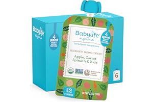 Babylife Organics Stage 2 - Apple, Carrot, Spinach & Kale, 3.5 Ounce Pouch (6 Pack) - Heavy Metal Safe, Organic Baby Food