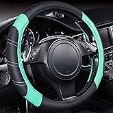 CAR PASS Line Rider Microfiber Leather Sporty Steering Wheel Cover Universal Fits for 95% Truck,SUV,Cars, 14.5-15 inch Anti-Slip Safety Comfortable Design (Black Mint Blue)