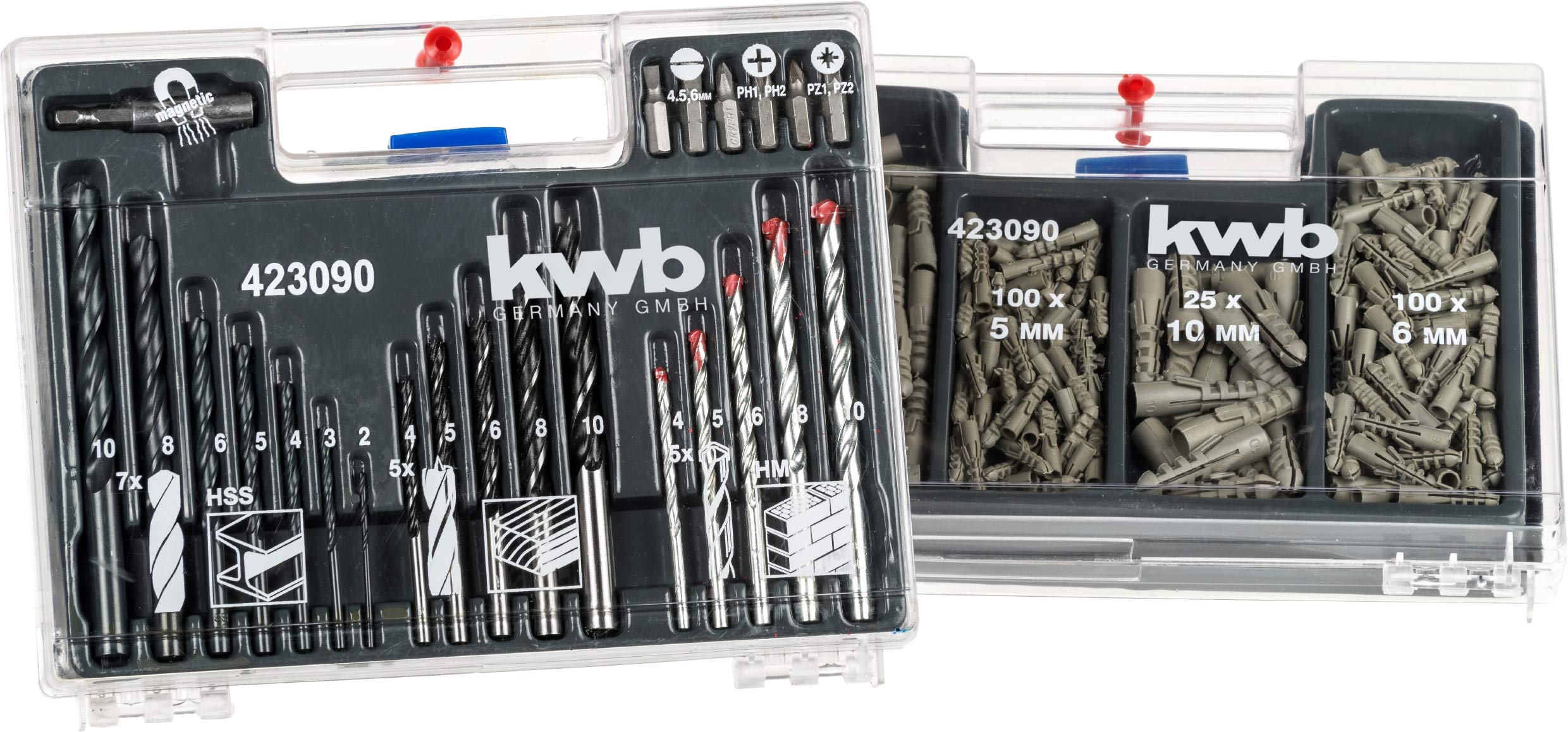 kwb KRAFTIXX 300-piece Bit, Plug, Drill, and Case Set with Bits, Wood Drills, Metal Drills & Masonry Drills – Various Universal Plugs from 5 – 10 mm