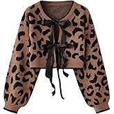 BEAUDRM Women's Y2k Cheetah Cardigan Sweater Bow Tie Front Cardigan Leopard Print Crop Sweater Long Sleeve Crew Neck Knit Top