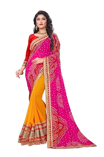 Women's Georgette Rajasthani Bandhani Zari Lace Work Saree With Blouse