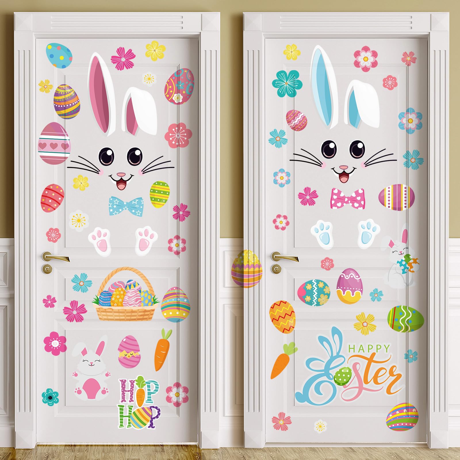 Easter Decorations Home Bunny Face Decals Colorful Wall Stickers Easter Eggs Door Stickers Bunny Decals for Indoor and Outdoor Party Window Refrigerator Front Porch Home Office Spring Decor Supplies