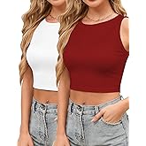 AURUZA 2Pcs Crop Tank Tops for Women, Halter Neck Cropped Tank Top, Racerback Sleeveless Workout Top Athletic Shirt Summer Clothes (White+Red, XL)