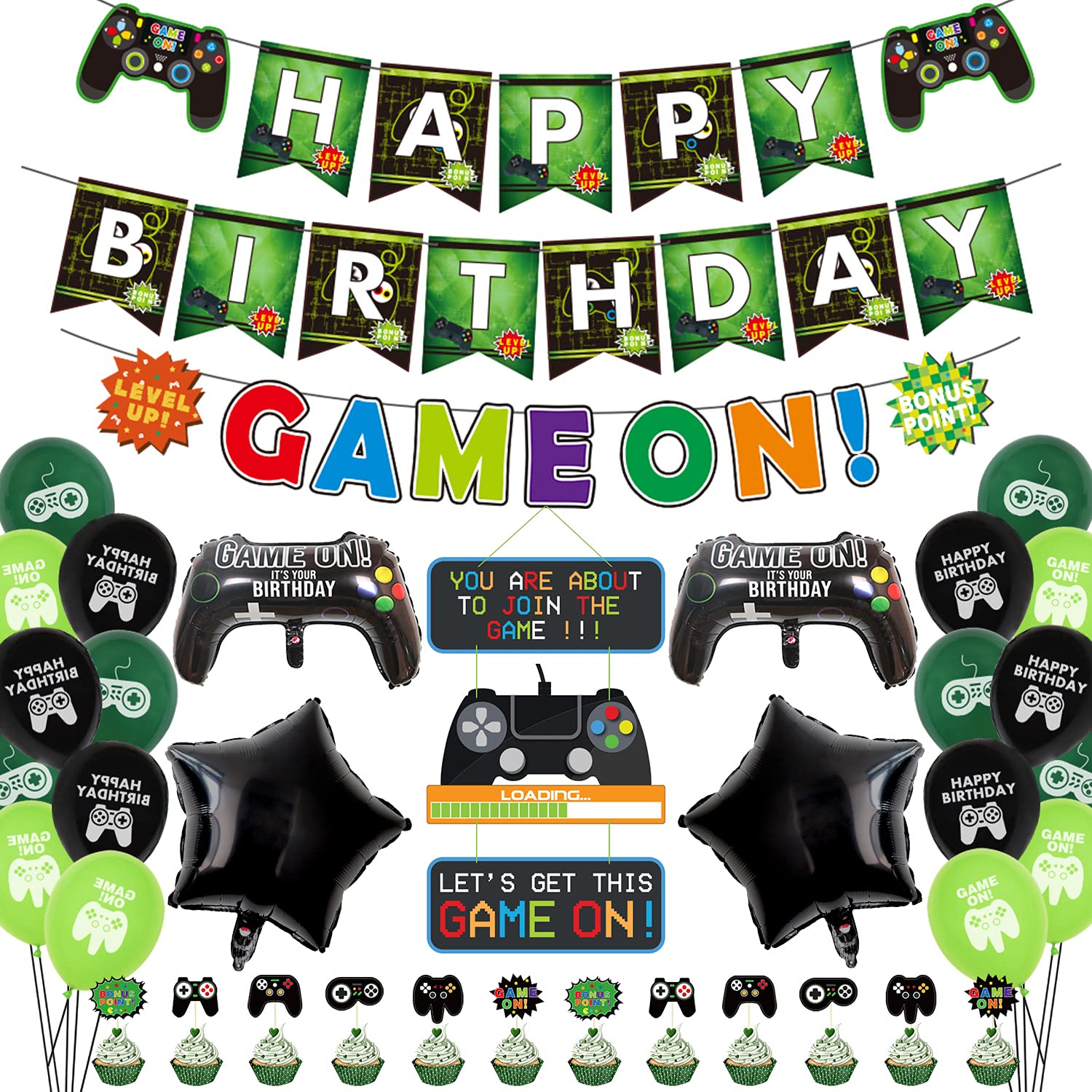 Video Game Party Decorations, Including Happy Birthday Banners, GAME ON Flag, Loading Hanging Decor, Video Game Theme Balloons, Cake Toppers for Birthday Party (A)