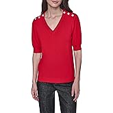 Karl Lagerfeld Womens Short Sleeve V-Neck Crystal Button Sweater