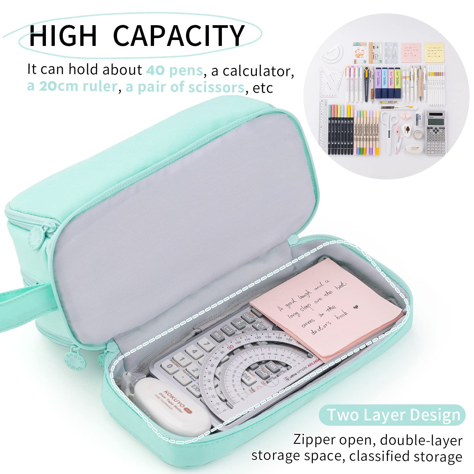 CICIMELON Large Capacity Pen Pencil Case with 4 Compartments, Multi-Slot Pencil Pouch Bag Aesthetic School Supplies Organizer for Teens Adults (Mint Green)