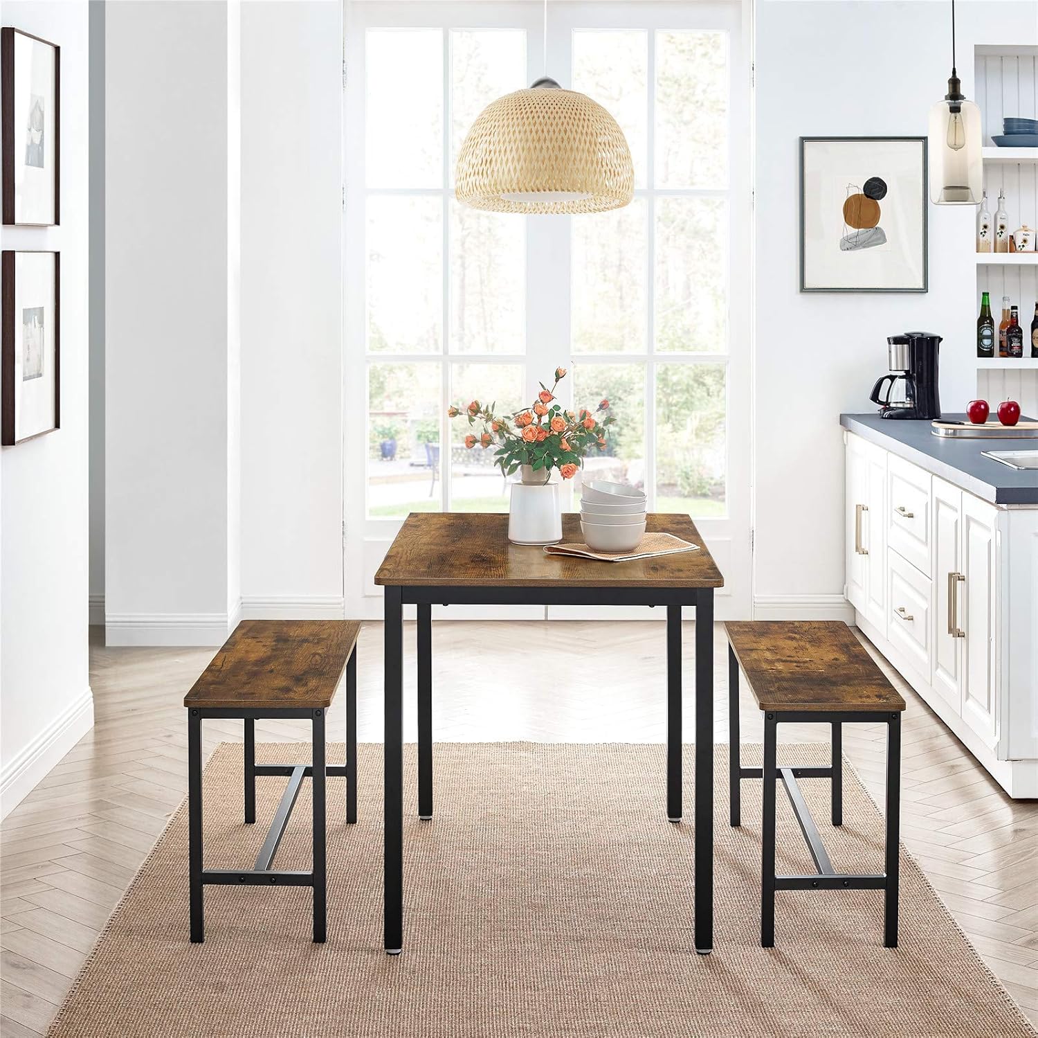 Vasagle Kdt070b01 Dining Table Kitchen Table Set 110 X 70 X 75 Cm With 2 Benches Each 97 X 30 X 50 Cm Metal Frame For Kitchen Living Room Dining Room Industrial