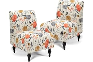 Iauddy Armless Accent Slipper Chair Cover Slipcover,Stretch Spandex Removable Jacquard Non-Slip Silp Cover for Accent Chair Without arms Furniture Protector for Living Dining Room(Beige/Orange, 2)