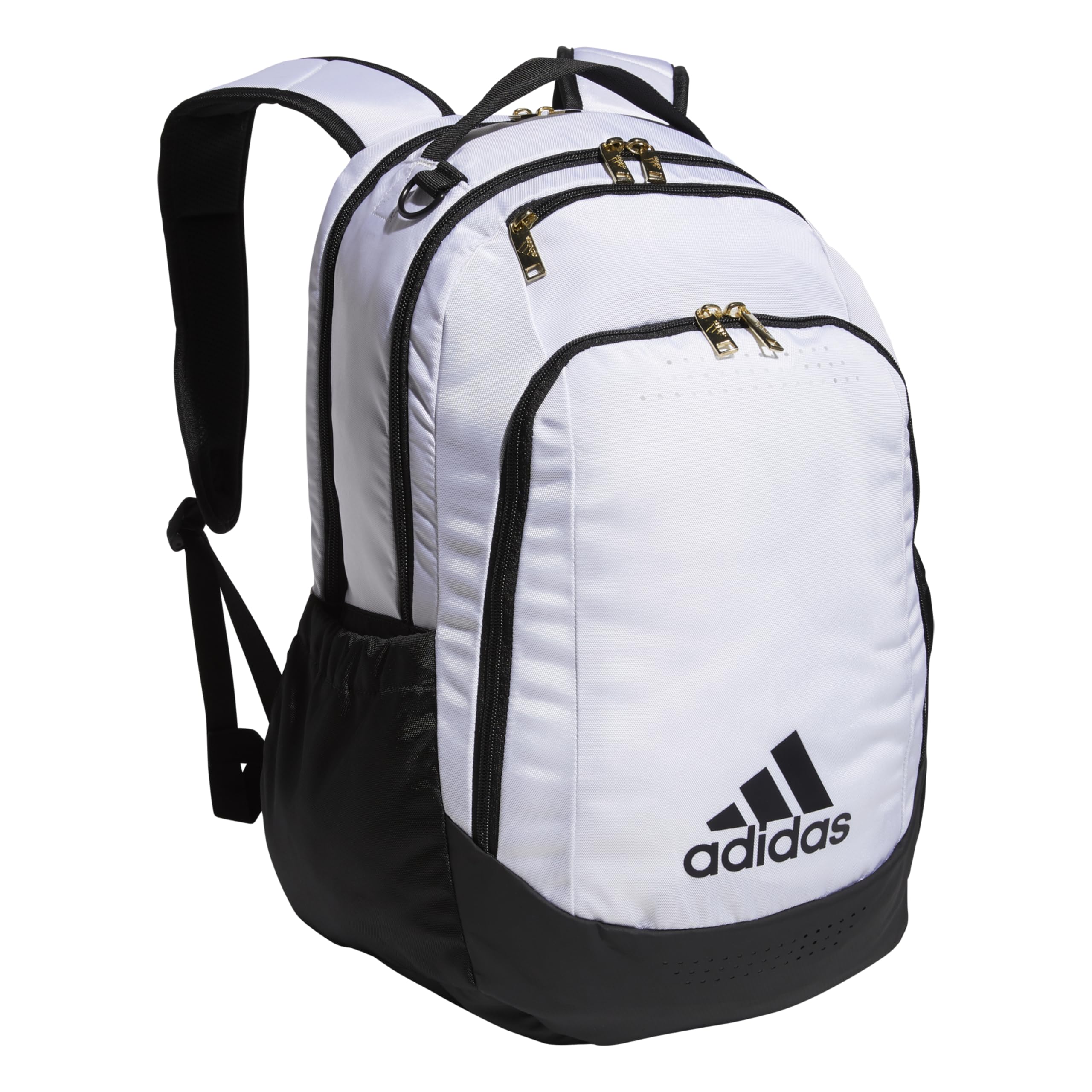 adidas Defender Team Sports Backpack, White/Black/Gold Metallic, One Size, Defender Sports Backpack, Soccer Bags and Basketball Backpacks for Holding Balls, Featuring Shoe Compartment