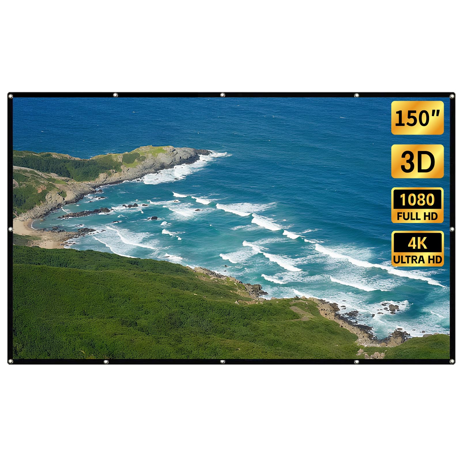 WASJOYE Projection Screen 150 Inch 16:9 PVC High Contrast Collapsible Foldable Crease-Free HD 4K Portable Home Theater Movie Projector Screen with 28 Hanging Hole Grommets