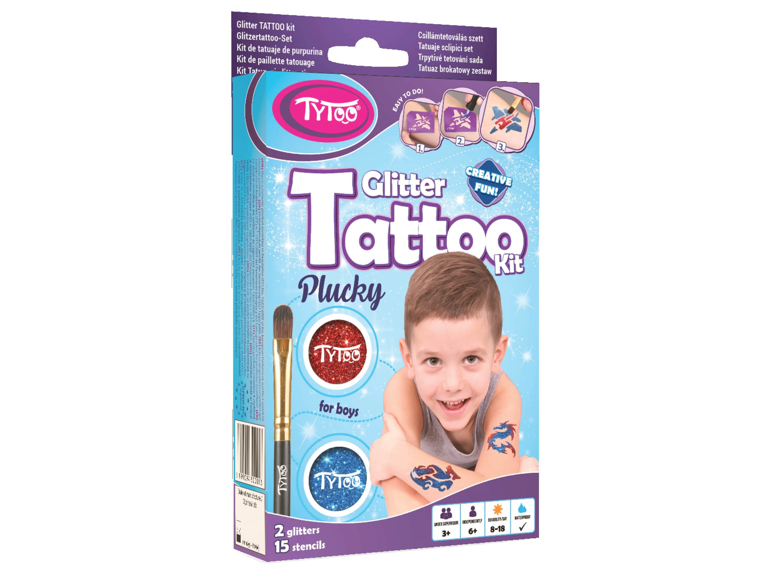 Glitter Tattoo Kit for Boys with 15 amazing stencils - HYPOALLERGENIC AND CRUELTY FREE - 8-18 lasting temporary tattoos