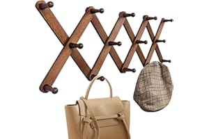 OROPY Wood Accordion Wall Hanger, Expandable Coat Rack Wall Mount with 14 Pegs, Expanding Hat Rack for Wall, X Shape, 27"×10", Walnut Color